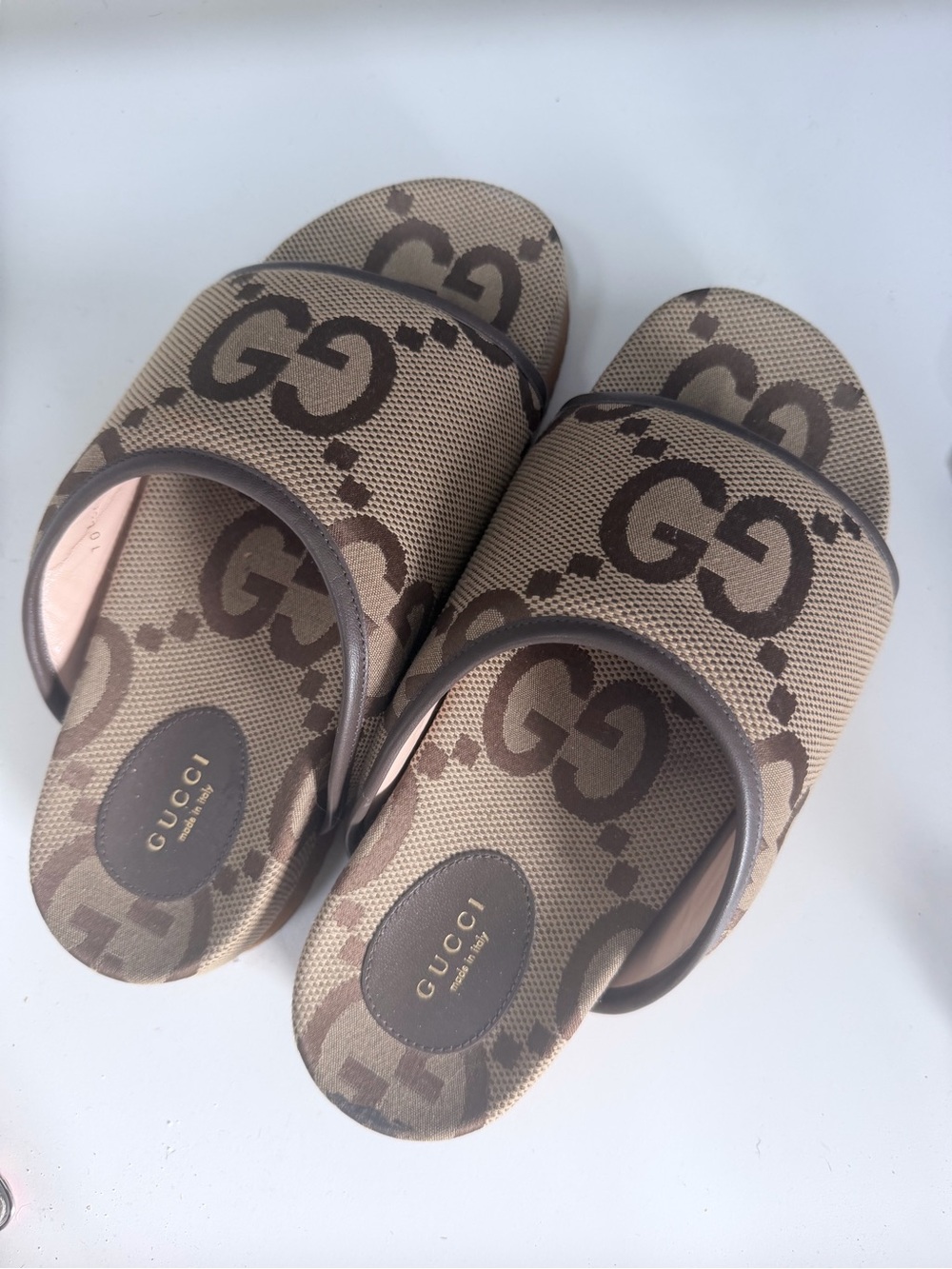 Gucci Beige and Brown GG Canvas Slide Sandals